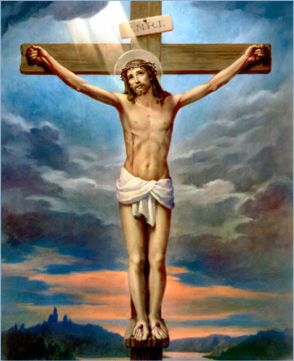 A classical religious painting depicting jesus christ crucified on a wooden cross, wearing a white cloth around his waist and crowned with thorns.