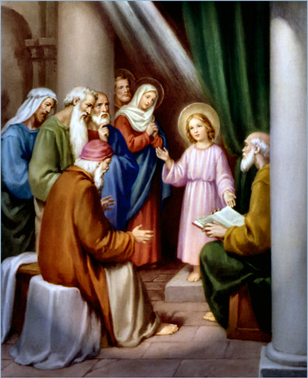 A young girl in a soft pink robe stands illuminated by divine light, surrounded by reverent figures in traditional robes.