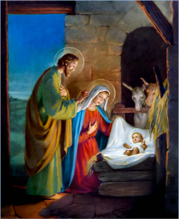 A traditional religious painting depicting the nativity scene with figures of mary, joseph, and baby jesus in a manger.