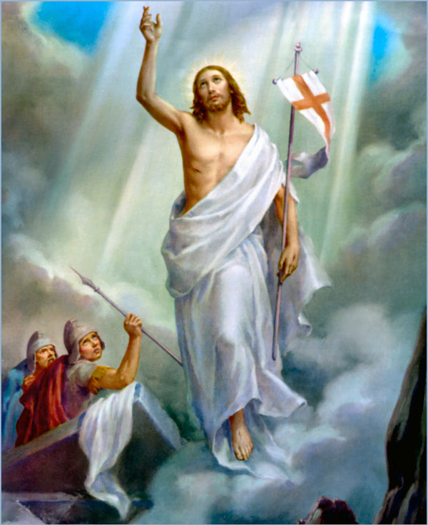 A radiant, bearded figure in flowing white robes stands triumphantly amidst clouds while holding a flag with a red cross.