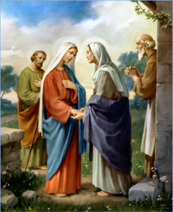 A classical religious painting depicting the annunciation, featuring mary in a vibrant red and blue robe with white veil, standing beside elizabeth who wears a deep purple cloak over a light garment.