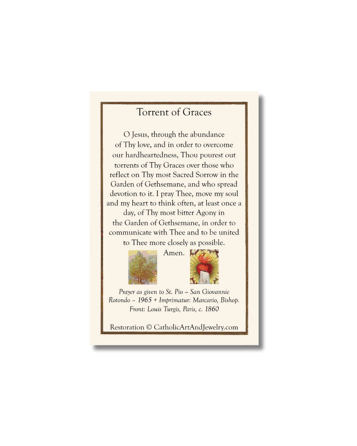 Torrent of Graces Holy Card cream-colored prayer card with black text
