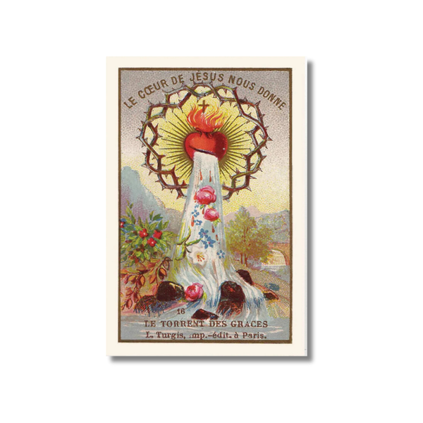 Torrent of Graces Holy Card: Sacred Heart with thorns, water, and roses