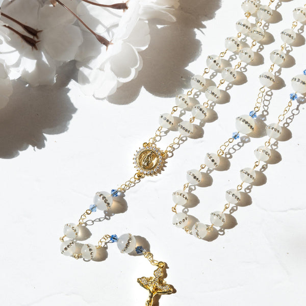 White and gold Something Blue wedding rosary with translucent beads, crucifix, medallion