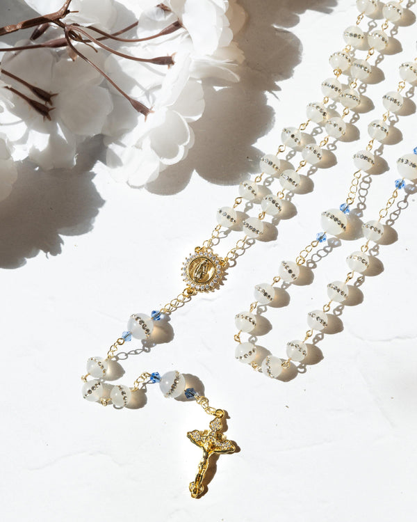 White and gold Something Blue wedding rosary with translucent beads, crucifix, medallion
