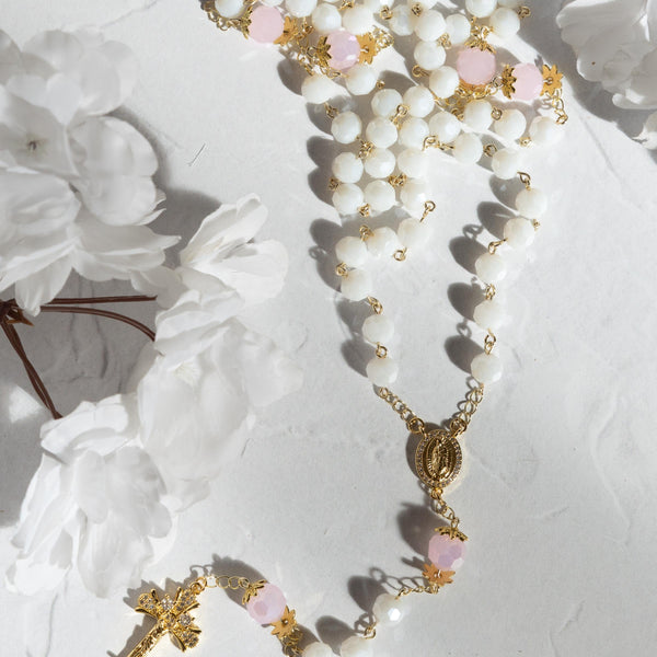 Blush of Heaven rosary with white beads, pink stones, gold medallion, cross