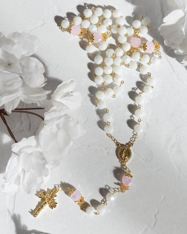 Blush of Heaven rosary with white beads, pink stones, gold medallion, cross