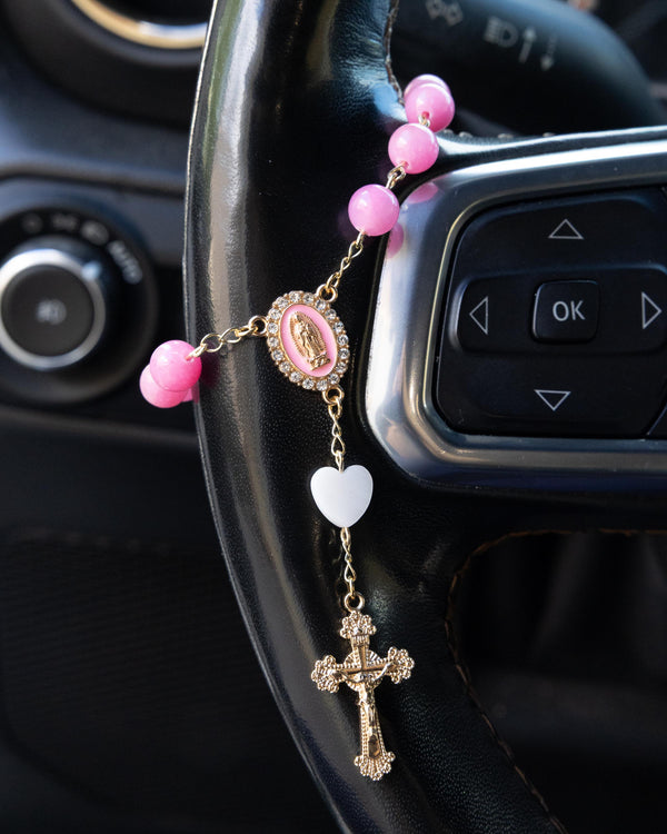 Pink beaded car decade rosary with gold Virgin Mary medallion