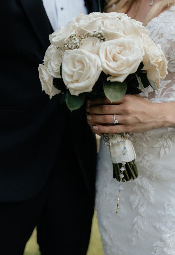 Delicate ivory rose bouquet with sparkling beading and crystal rosary for Something Blue Wedding Rosary