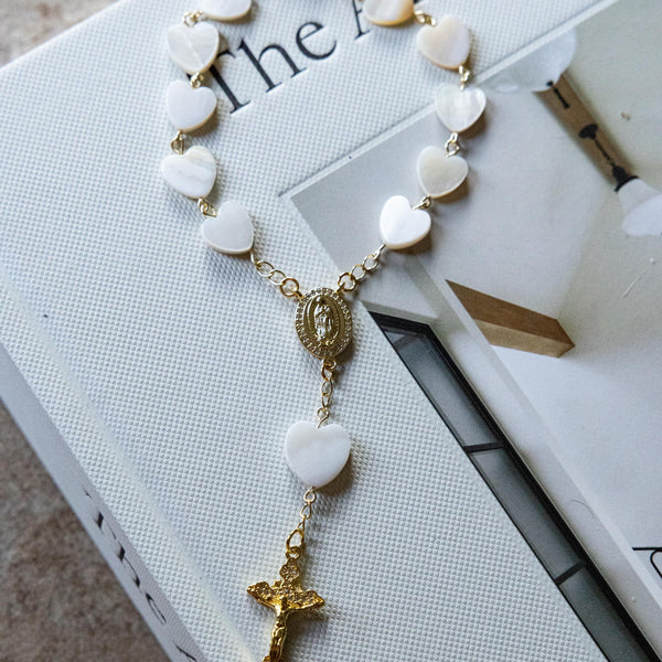 Her Heart Shines Car Decade Rosary with gold crucifix