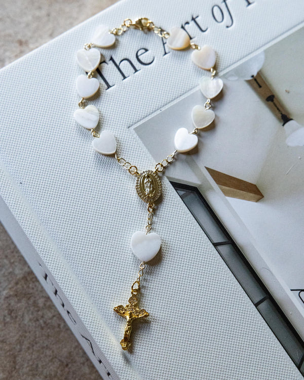 Her Heart Shines Car Decade Rosary with gold crucifix