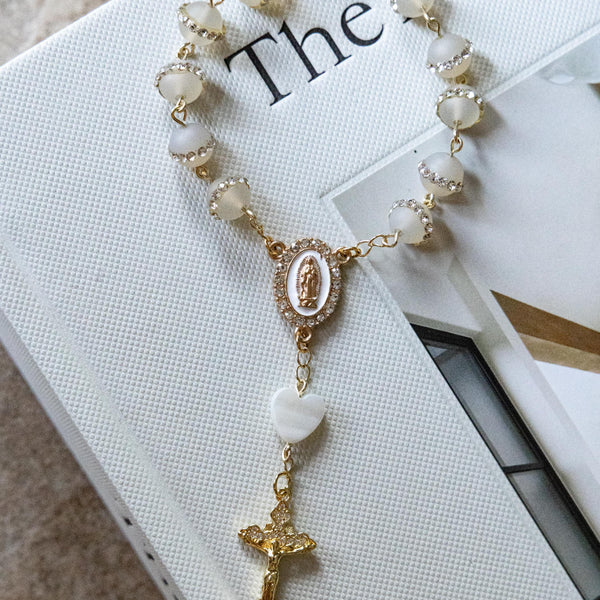 Delicate gold rosary bracelet with rhinestone decade beads and crucifix