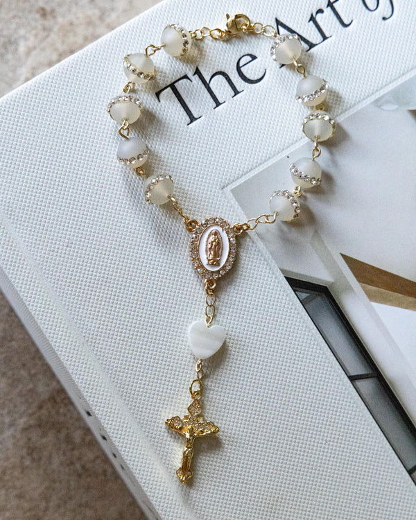 Delicate gold rosary bracelet with rhinestone decade beads and crucifix
