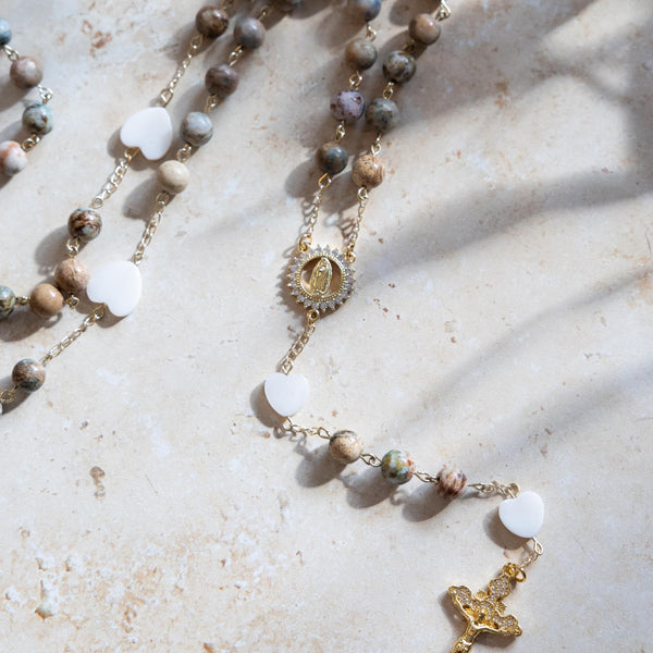 Earth As It Is in Heaven rosary with jasper beads and gold crucifix