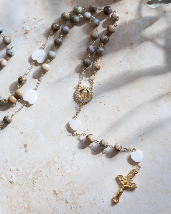 Earth As It Is in Heaven rosary with jasper beads and gold crucifix