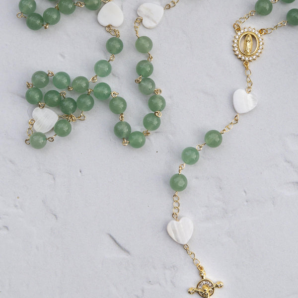 Evergreen Faith Rosary: green jade with gold accents, white hearts, crucifix