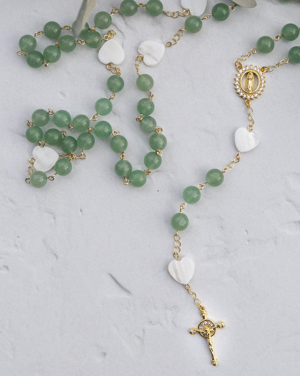 Evergreen Faith Rosary: green jade with gold accents, white hearts, crucifix