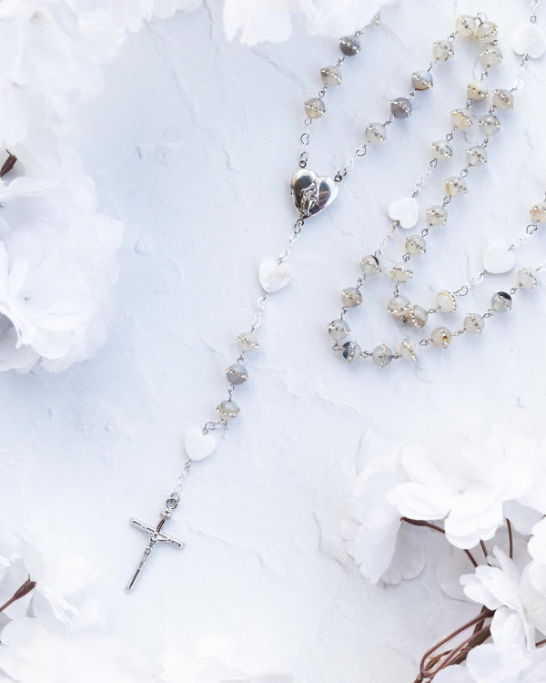 Perfectly Imperfect silver rosary with gray white beads heart centerpiece cross