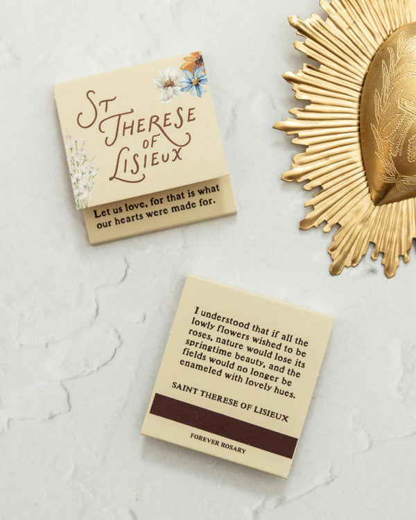 St. Therese of Lisieux wildflower matchbook with elegant cursive and florals