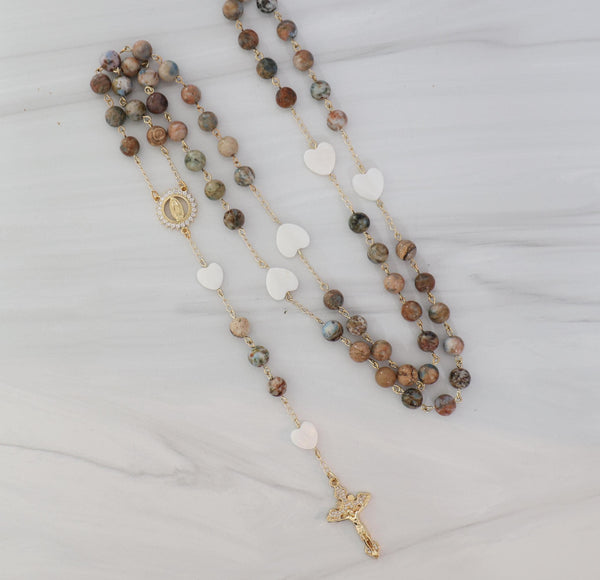 Earth As It Is in Heaven rosary with jasper beads and gold crucifix
