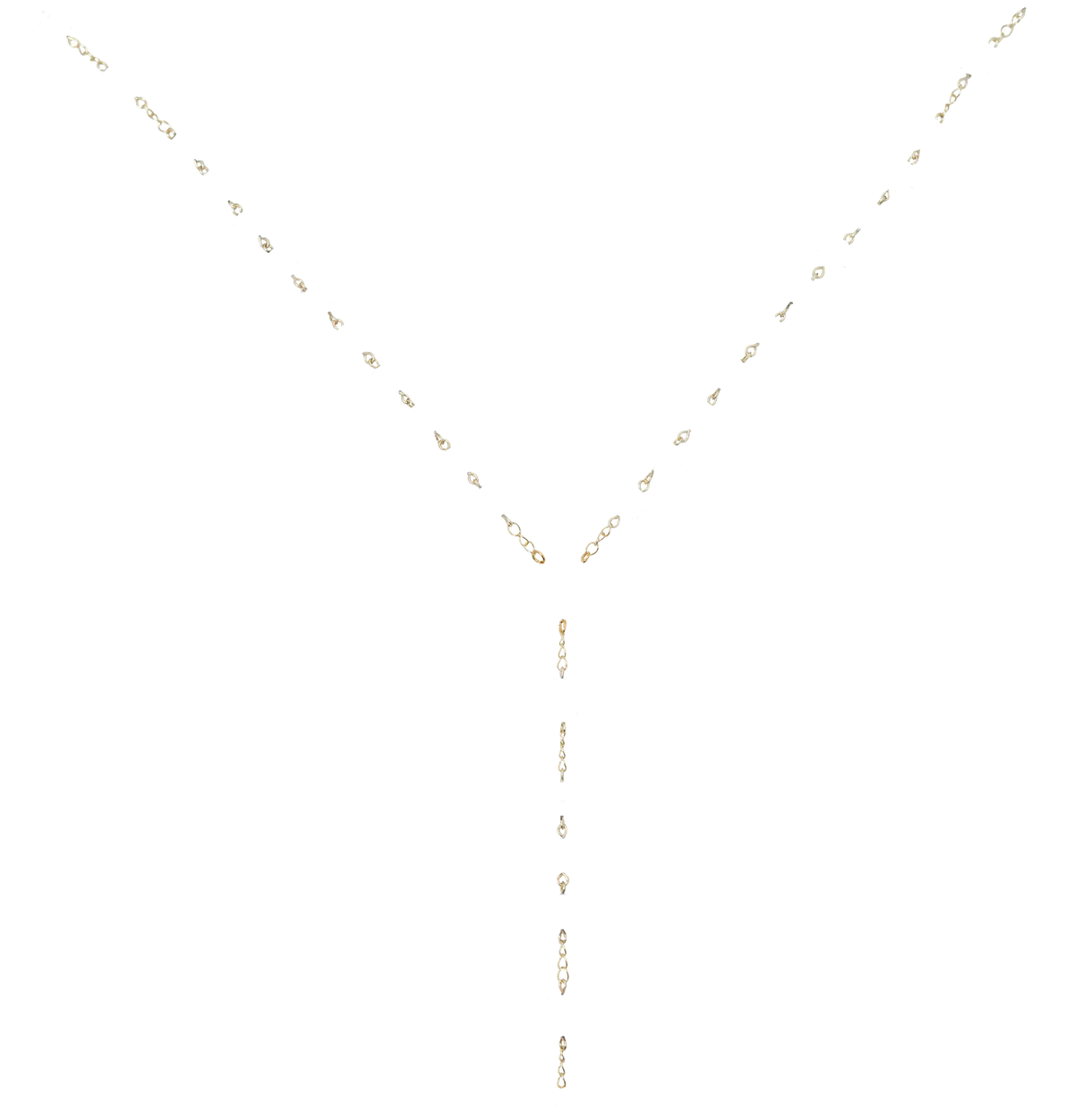 A delicate silver chain necklace with a central pendant, featuring small sparkling stones along its length.