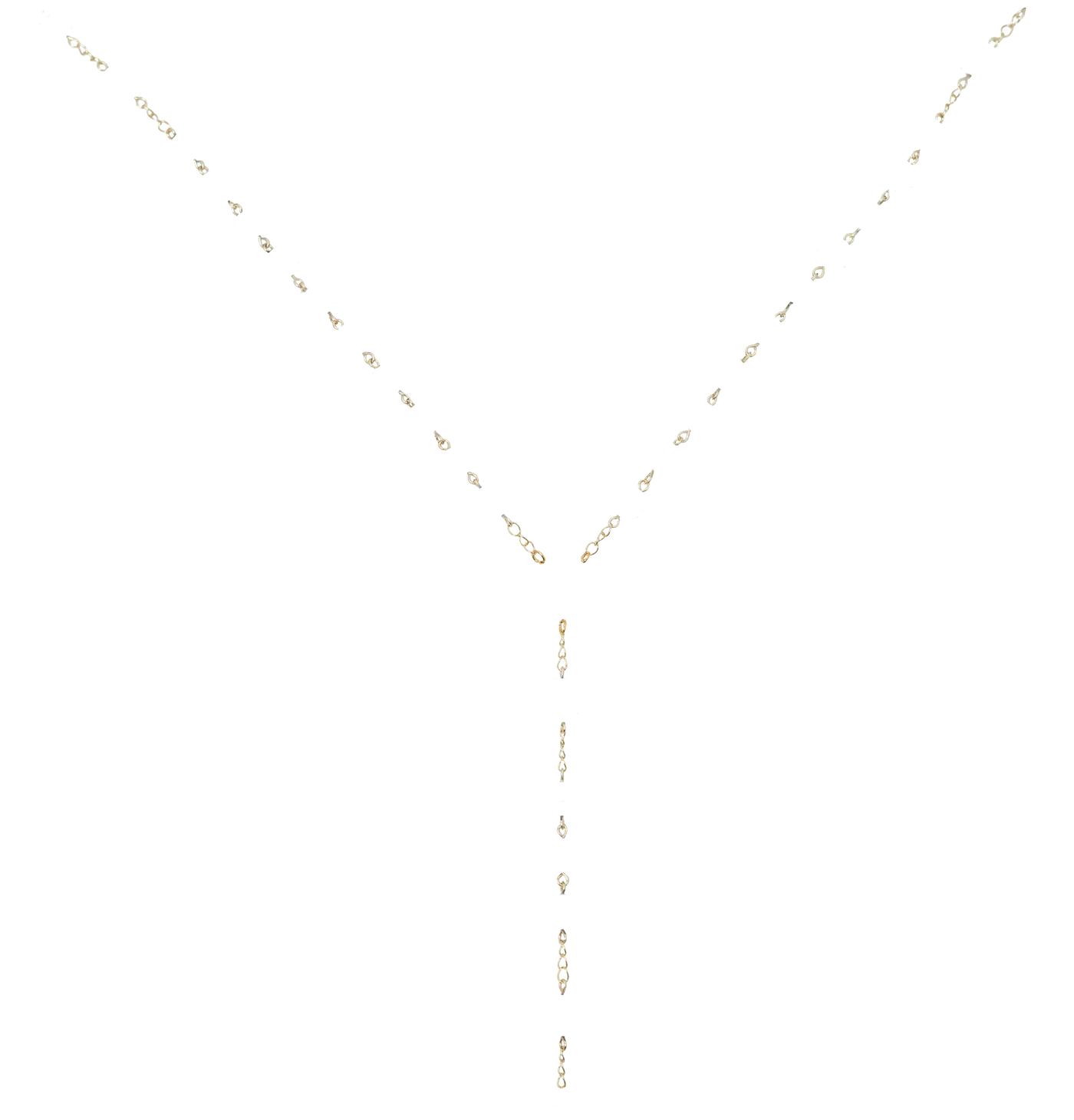 A delicate silver chain necklace with a central pendant, featuring small sparkling stones along its length.